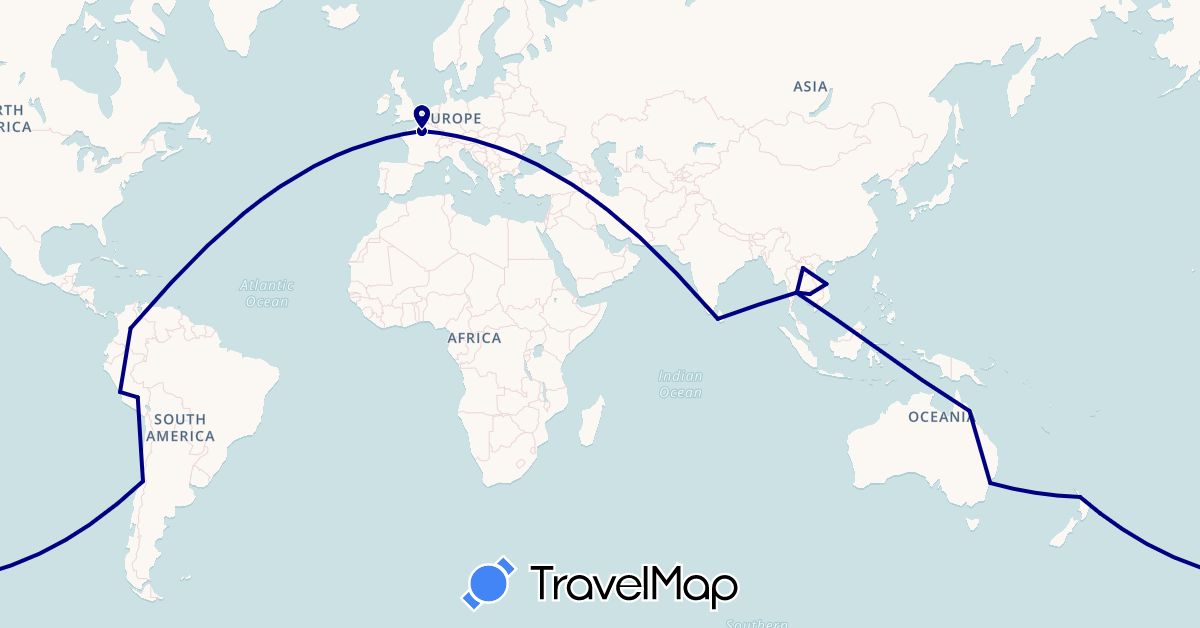 TravelMap itinerary: driving in Australia, Chile, Colombia, France, Cambodia, Laos, Sri Lanka, New Zealand, Peru, Thailand, Vietnam (Asia, Europe, Oceania, South America)